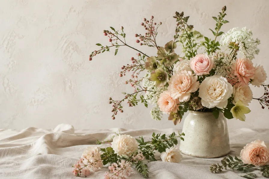 Flores en tonos suaves junto a una guía escrita