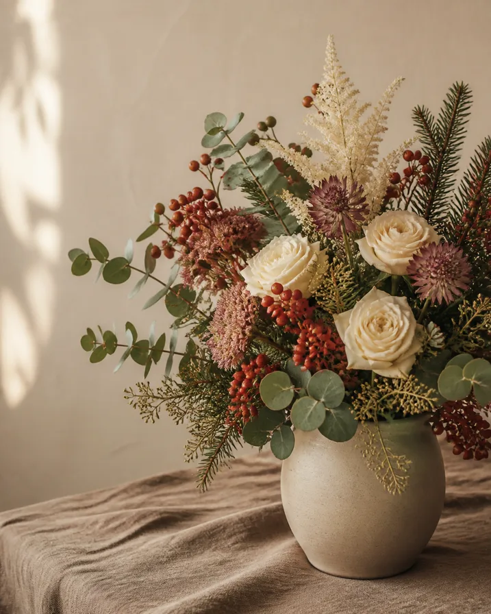 Arreglo floral cálido con flores crema y follaje de Navidad