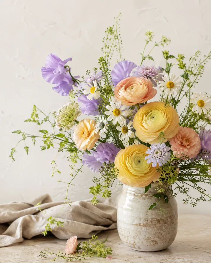 Arreglo floral de primavera con flores amarillas, lilas y blancas